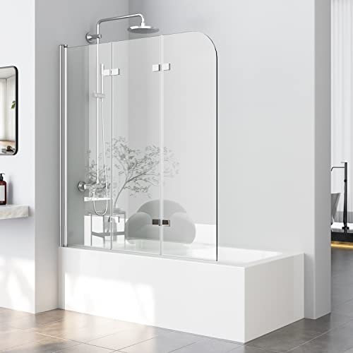 Duschwand für Badewanne 120x140 CM Badewannenaufsatz Duschwand 3-teilig Faltbar 5 mm ESG Sicherheitsglas Duschabtrennung Badewanne