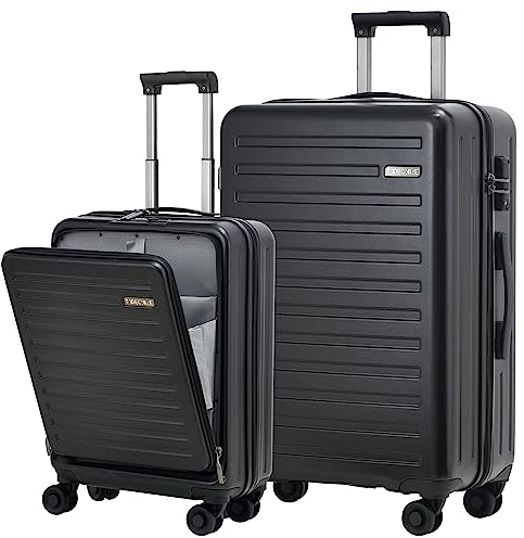 TydeCkare carry-on suitcase with laptop bag with front opening, trolley ABS + PC, blackone, Suitcase Set