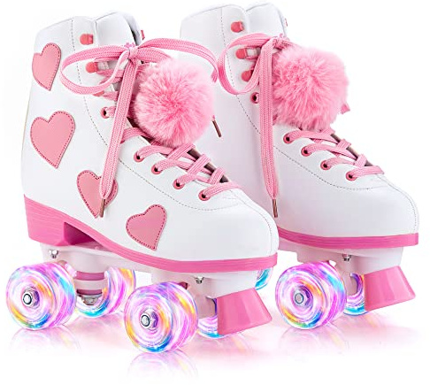 Ruthfot Women's and Girl's Classic Roller Skates with Light up Wheels and Love Heart Pattern, High-top PU Leather Rollerskates…