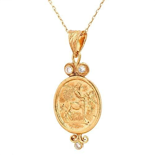 Münzanhänger, Antike römische Münzkette, Centaur Intaglio Anhänger. Siegelhalskette aus Silber. 24K vergoldeter Anhänger aus antikem griechischen Silber