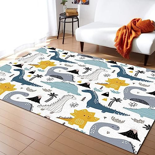 TEMLAN Niedlicher Doodle-Dinosaurier Teppiche Gegend, Cartoon-Dinosaurier-Druck Kinderteppich für Drinnen und Draußen Terrasse Balkon Garten Wohnzimmer 80 x 150cm