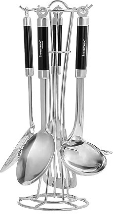 Innoteck Essentials 5pcs Cooking Utensil Set with Wire Holder - Stainless Steel Slotted Turner, Soup Laddle, Solid Spoon, Slotted Spoon & Masher Set - Nonstick Kitchen Utensils Set - Cookware Tools