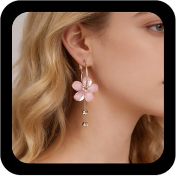 Inilbran Boucles d'oreilles vintage en forme de fleur de cristal bohème en résine acrylique - Grandes boucles d'oreilles créoles en forme de pétale de fleur rose - Boucles d'oreilles longues en