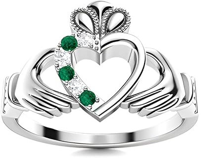 Emerald Round 2.00mm Claddagh Ring | Sterling Silver 925 With Rhodium Plated | Beautiful Design Claddagh Promise Ring (White, 65)
