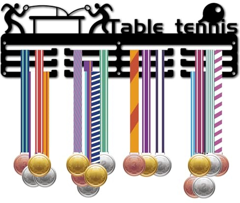 CREATCABIN Tischtennis-Medaillenhalter,Aufhänger,Medaillenständer,Organizer,Metallregal,Ständer,Rahmen,Zum Aufhängen,Wandmontage Mit 12 Haken,3 Reihen Für Sportler,Gold,Silber,Bronze,Schwarz,40x15cm