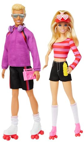 Barbie Fashionistas Set with 2 Fashion Dolls & 6 Accessories, Roller-Skating Barbie & Ken, 65th Anniversary Collectible, HXK90