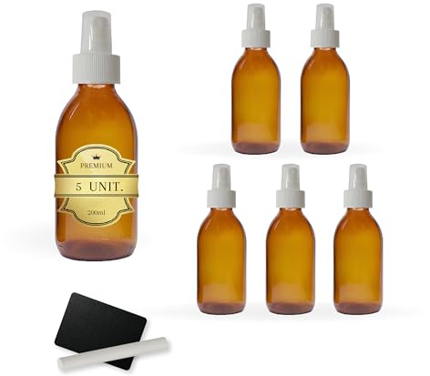 5x sprayflaska i gult glas 200 ml med spraylock + 5 skiffer och krita - eteriska oljor, kosmetika, parfym, hårspray - hudvård och hårvård