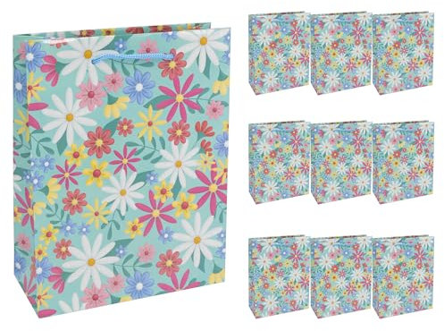 Idena 30385-10 - Geschenktüten Blumen, 10 Stück, Geschenktaschen in der Größe 25 x 8 x 34,5 cm, Papiertüten mit bunten Blüten