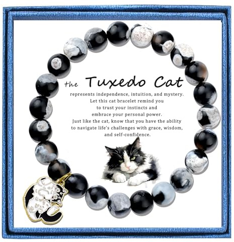 Partner CuteTuxedo Cat 𝐁𝐫𝐚𝐜𝐞𝐥𝐞𝐭𝐬 𝐟𝐨𝐫 𝐖𝐨𝐦𝐞𝐧 Lovers Kitty Gifts for Women and Men Funny Black White Tuxedo Good Luck Charm Themed Natural Stone Beaded Jewelry Women,7