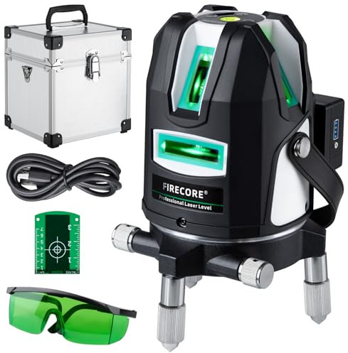 Firecore Kreuzlinienlaser Selbstnivellierend, Linienlaser Grün mit 4200mAh Li-Ionen-AKKU, 5 Linien Laser Nivelliergerät mit Plumb Punkt, Arbeitsbereich 30m, enthalten Transportkoffer - FGL-411G