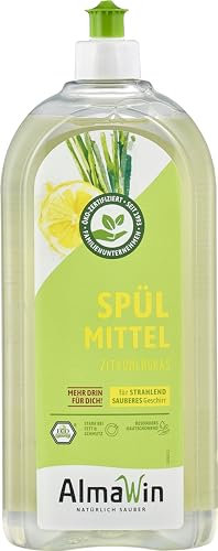 AlmaWin® Organic Washing Up Liquid with Lemongrass Fragrance - 1 Litre Sink - Powerful Dishwasher Liquid with High Grease Dissolving Power - Vegan Dish Soap - Rich Concentrate