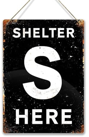 Shelter here S. XL metal sign with 2 holes and twine. Portrait black ww2 anderson