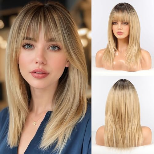 HAIRCUBE Kvinnors Hårperuk Rakt Hårperuk för Kvinnor Axel Längd Ombre Blond Syntetisk Hårperuk med Fransar Daglig Cosplay