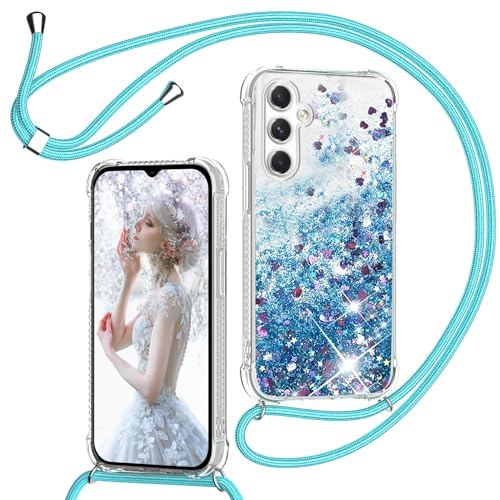TUUTPU Handyband für Samsung Galaxy A16 5G/4G Hülle mit Band, Glitzer Treibsand Handyhülle mit Kordel zum Umhängen Transparent Stoßfest Schutzhülle mit Kette Schnur, Quicksand Necklace Case in Blau