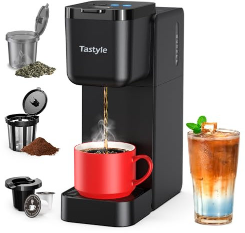 Tastyle - Cafetera de una sola porción para taza K, hojas molidas y de té, máquinas de café caliente y helado con ajuste atrevido, tamaños de cerveza de 6 a 16 onzas, compacta para espacios pequeños,