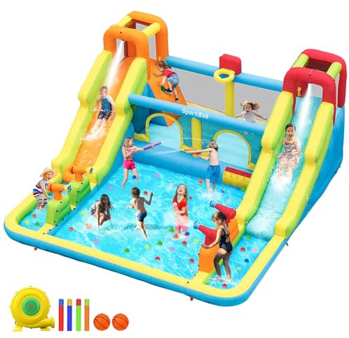 SportBob Hüpfburg mit Wasserrutsche und Gebläse, Hüpfburgen XXL Große mit 4 Wasserspritzkanonen, 2 Kletterwand, Basketballkorb, Springen, Planschbecken für Kinder Outdoor Indoor, 452x416x210cm