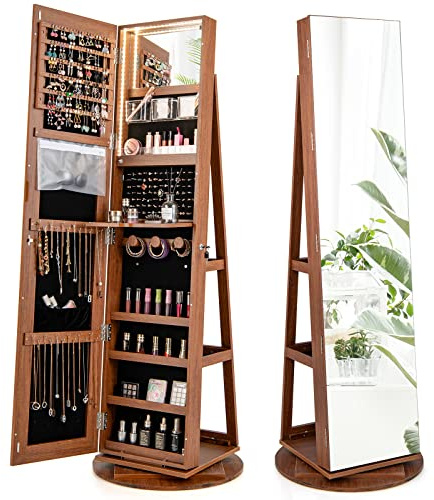 COSTWAY 360° Swivel Jewelry Cabinet, Lockable Jewelry Armoire Storage Unit with Full-Length Mirror & 3-Color Auto-on LED Lights, Home Bedroom Dressing Room Cosmetics Jewellery Organiser (Brown)