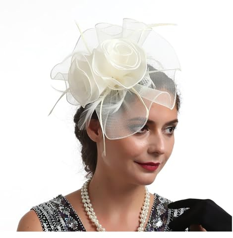 KJBDQQH Fascinator Damen Fascinator-Hüte mit Blumenmuster for Damen, mit Stirnband und Clips, Kopfbedeckung for Cocktail- und Teepartys for Mädchen und Frauen(5 Ivory)