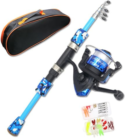 Niños Carra DE Pesca DE PESTRA Juego de Arranque 15-47 Telescópico 5 Sección Mini Pole de Pesca para niños con Carrete, Caja de señuelos y Lienzo Fibra de Vidrio para Principiante