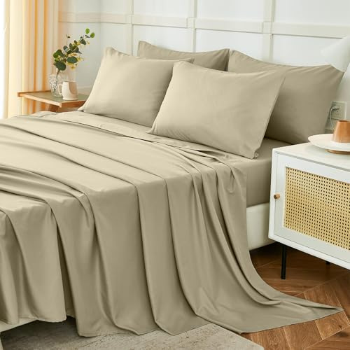 Juego de Sábanas 120x190/200cm 3 Piezas, Poliéster Cepillada,Sábanas Bajera Ajustable, Sabana Encimera Cama y 1 Funda de Almohada 50x80 (Sabanas Cama 120, Beige)