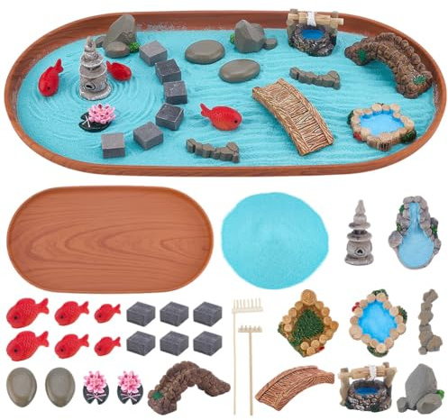 WEBEEDY Japanese Relax Desktop Zen Garden Kit for Desk,12x6.5Inch Mini Zen Sandbox Decor with Fish Lotus Ornaments & Tools Relaxation and Meditation Accessories for Home & Office,30.6x16.5 cm