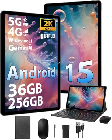 FASTWD Android 15 Tablet 11 Pouces Tablette tactiles Con 4G LTE /5G WiFi,Octa-Core,Gemini AI,36GB RAM+256GB ROM,9580mAh,Face ID,TÜV,GMS,GPS,BT5,Tablette avec Clavier,Noir