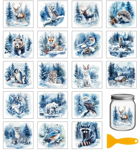 GLOBLELAND 18 Blatt Schneebedeckter Tag Wald Tiere Rub On Sticker 3.9x3.6 Zoll Winter Tiere Transferaufkleber UV DTF Tasse Transfer Aufkleber Für Möbel Glas Holz Fotoalbum DIY Aufkleberästhetik