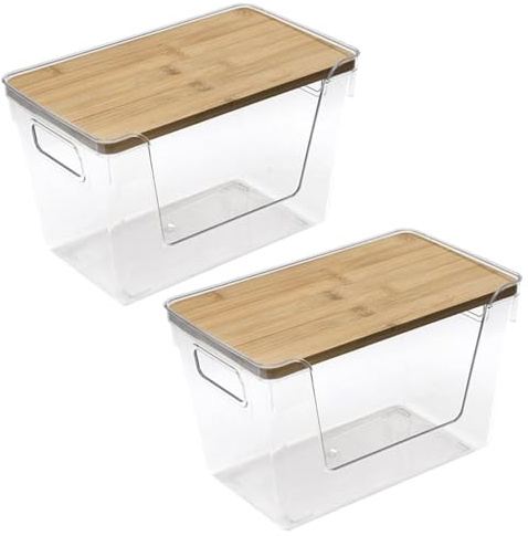 Dispensador de bolsas de basura, contenedores de almacenamiento frontales abiertos de gran capacidad de 2 piezas, soporte de bolsa de basura transparente con tapas de bambú y mango, dispensador de ba