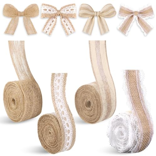 XIMISHOP 4 Rolls Natural Burlap Ribbon, 12M Brown Rustic Hessian Ribbon for Christmas DIY Crafts Xmas Tree Garland Decorations Present Wrapping