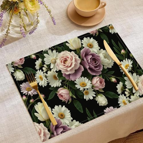 Set Di 2 Tovagliette Lavabili Bouquet Di Rose 3D Tovaglietta Con Giardino Vintage Resistenti Al Calore, Sottopiatti Verde Scuro Facile Pulizia Antiscivolo Per Tavolo Da Cucina, 45X30Cm