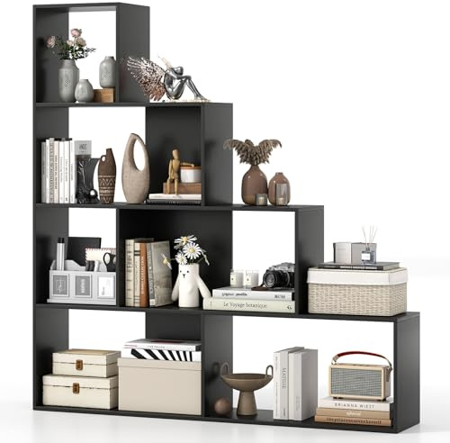 COSTWAY 6 Cube Storage Bookcase, 162CM Tall Wooden Display Bookshelf Corner Rack, Modern Freestanding Ladder Shelving Unit Room Divider for Home Office Living Room Bedroom (Black, with Backboard)