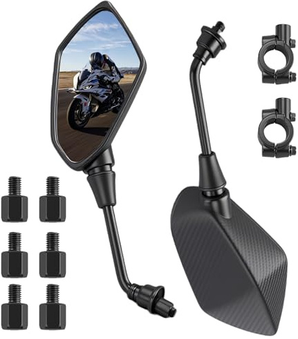 Motorrad Spiegel Set,2 Stück Motorrad Rückspiegel mit 360° Drehung,Lenkerklemme 22mm (7/8),M8/M10 Rechts- & Linksgewinde,E-Geprüft Motorradspiegel Kompatibel mit Scooter Mope ATV (Kohlefaser)