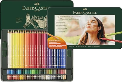 FABER-CASTELL - Polychromos Künstlerfarbstifte, 102 Farben Metalletui | Hochwertige Buntstifte für Erwachsene mit brillanten Farben für Zeichnungen und Illustrationen