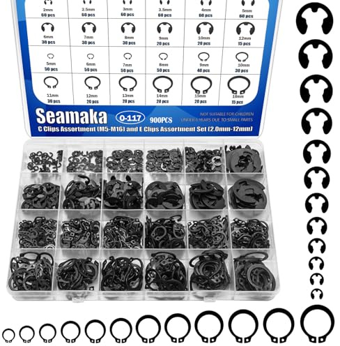 Seamaka 900Pcs E-Clips Assortment Set(2.0mm-12mm) and C Clips Assortment (M5-M16),Snap Rings Assortment Kit,24 Sizes Black Carbon Steel Circlip Retaining Clip,External Retaining Rings O-117