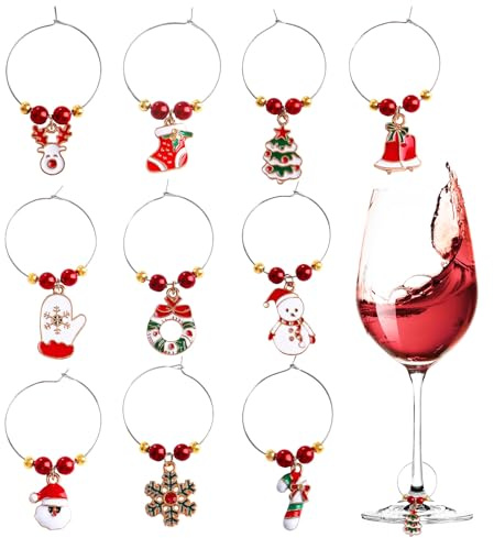 MICJLLT 10 Pcs Christmas Wine Glass Charms Rings,Wine Glass Pendant Charms Reusable Markers Champagne Party Favors Supplies Gifts,Wine Glass Charms for Christmas Party and Bar Table Decoration