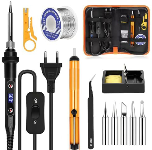 Fer à Souder Kit Électronique 80W 13 en 1, Température Réglable 180-500℃, Écran LED, Interrupteur On/Off, 5 Pointes, Fil à Souder, Pompe à Dessouder, Station et Accessoires pour Travaux et Maison