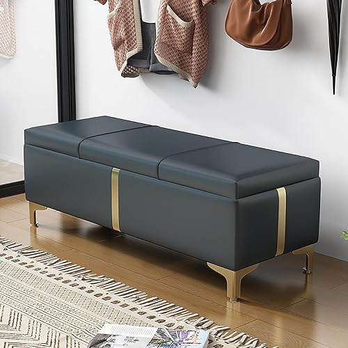 Moderne Kunstleder-Ottomanbank, gepolsterte Schuhaufbewahrung für Schlafzimmer, Eingangsbereich, Klappfußhocker mit Sicherheitsscharnieren, stilvolle blaue Bettbank (100 x 39 x 40 cm)