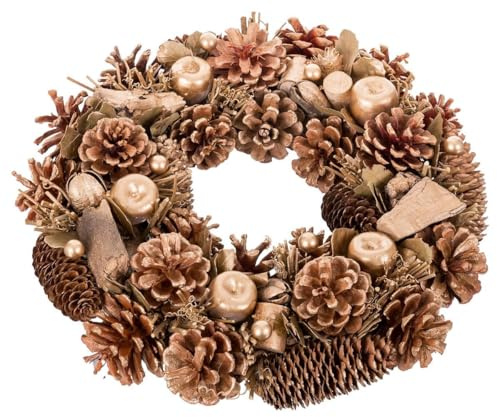 LOLAhome Corona de Navidad para decoración de Puertas o Interiores. Combina el Color Marrón Natural con toques de Dorado y está Adornada con Piñas. Una Pieza Elegante Que Mide 36x36x9 cm.