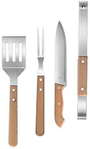 TOYZFRIENDY Set Ustensiles de Barbecue Acier Inoxydable et Manche Bois Outils Légers et Antidérapants pour Grillades Camping et Cuisine Plein Air
