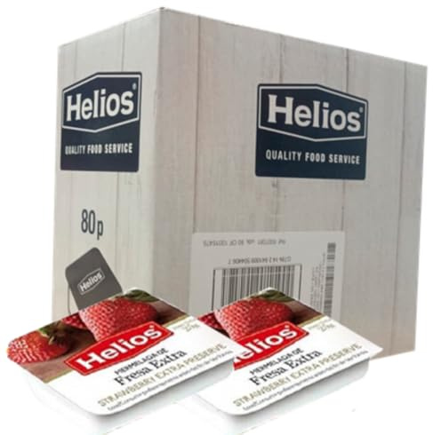 Mermeladas Helios Monodosis 25g x 80 uds 50% Fruta – Sin Conservantes, Sin Gluten y Sin Lactosa | Apta para Celíacos | Ideal Hostelería Bares y Restaurantes (Fresa)