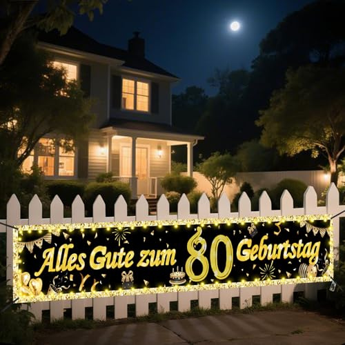 Seutgjie Banner 80. Geburtstag Deko Frau Mann mit LED Licht 40 * 270CM | Geburtstagsbanner 80 Geburtstag Hintergrund Dekoration Gold Schwarz