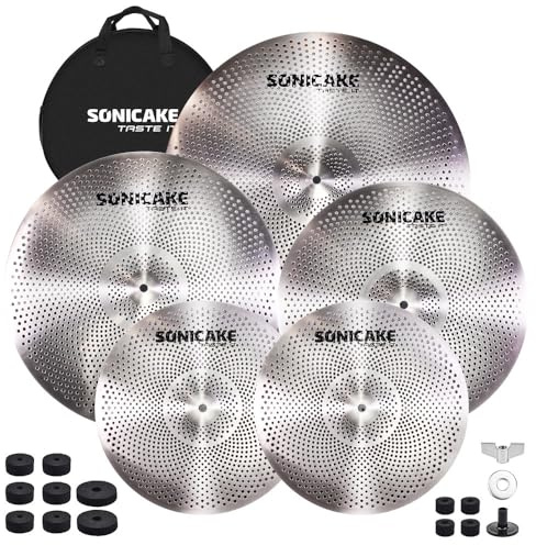 SONICAKE Set Piatti Basso Volume 14 HiHat+16 Crash+18 Crash+20 Set Piatti Ride Argento 5 pezzi con borsa da bacino e accessori