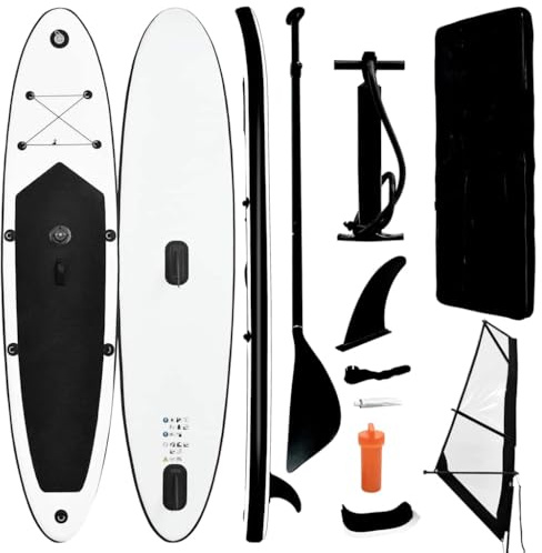 Aufblasbares SUP-Board mit Segel Set Schwarz und Weiß für Anfänger, ideal für flaches Wasser und Wellen, inklusive Zwei vormontierten Flossen und Tragetasche