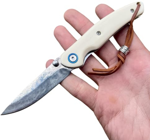 Obespina Jolie Petit Couteau Pliant Acier Damas Véritable Lame Tranchante de Poche Camping Collection EDC Survie VG10 Suminagashi #327