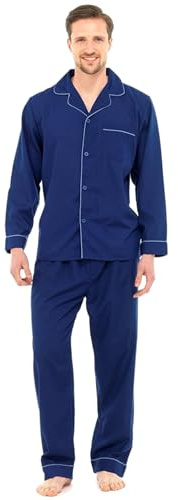 Mens Traditional Pyjamas 2 Piece Set Classic Style Plain Poly Cotton Pjs Nightwear Lounge Wear Sleepwear Suits Button Up Long Sleeve Shirt Tops Pants Trousers Bottoms(Navy, L)