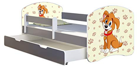 ACMA Kinderbett Jugendbett mit Einer Schublade und Matratze Grau mit Rausfallschutz Lattenrost II Spielbett Kinderzimmer Möbel (11 Welpe, 180x80 + Bettkasten)