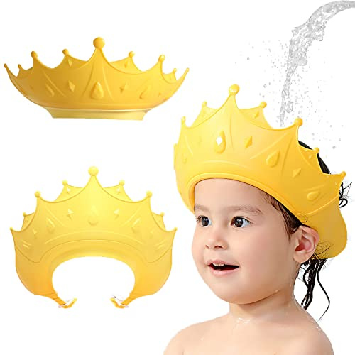 KAMHBE - Cuffia da doccia per bambini, regolabile, con corona, per il lavaggio dei capelli, per occhi, orecchie e viso (giallo)