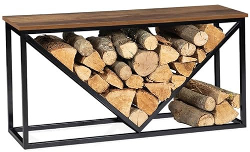 IDMarket - Portalegna per camino orizzontale in acciaio nero e piano effetto invecchiato con design industriale DAYTON