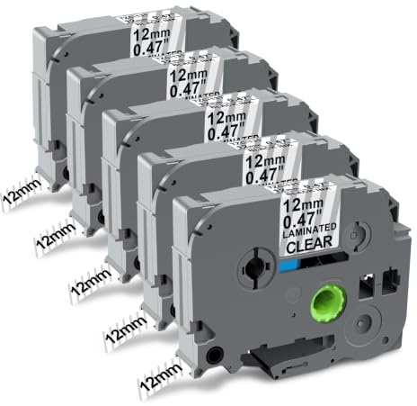 5er-Pack Schriftband kompatibel für Brother P-Touch TZe-131 TZe131 | 12mm x 8m | Schwarz auf Transparent/Klar | Laminiertes Etikettenband für PT-H100 PT-D210 PT-1000 1010 D400 D200 Beschriftungsgerät