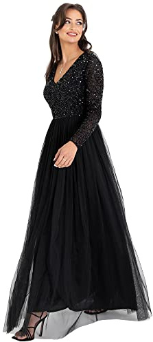 Maya Deluxe dam dam dam klänning ärm för bröllop gäst V-hals hög empire midja maxi lång längd kväll bridesmaid bal klänning, svart, 36